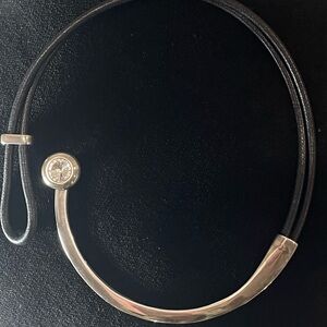 Artisan Silver, Swarovski and Black leather Modern Necklace